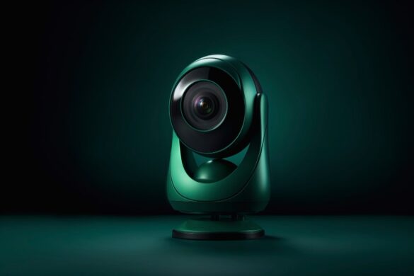 Caméra de surveillance verte compacte sur fond sombre, illustrant l'évolution des mini-caméras modernes pour la sécurité domestique