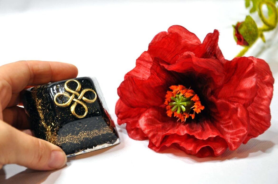Orgonite du Zodiaque noire et dorée tenue à la main près d'un coquelicot rouge