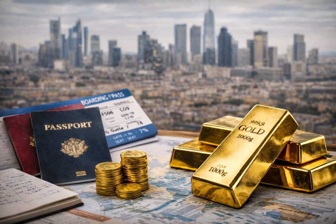 Passeports, lingots d'or et billets d'avion posés sur une carte du monde avec une métropole en arrière-plan, symbolisant la réussite d'une expatriation professionnelle.